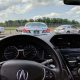 Driver view of a road test practice course with cones